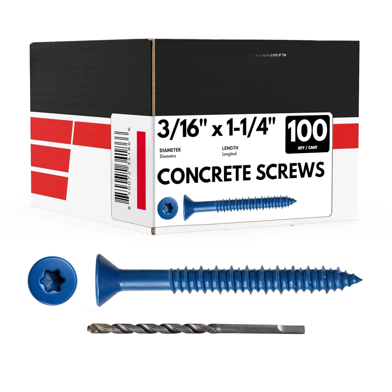3/16" x 1-1/4" Flat  Blue Concrete Screws with Drill Bit (Box of 100) | 3/16 Concrete Screws |  Torx Drive Masonry Screws for Concrete, Block, Brick and Stucco Masonry