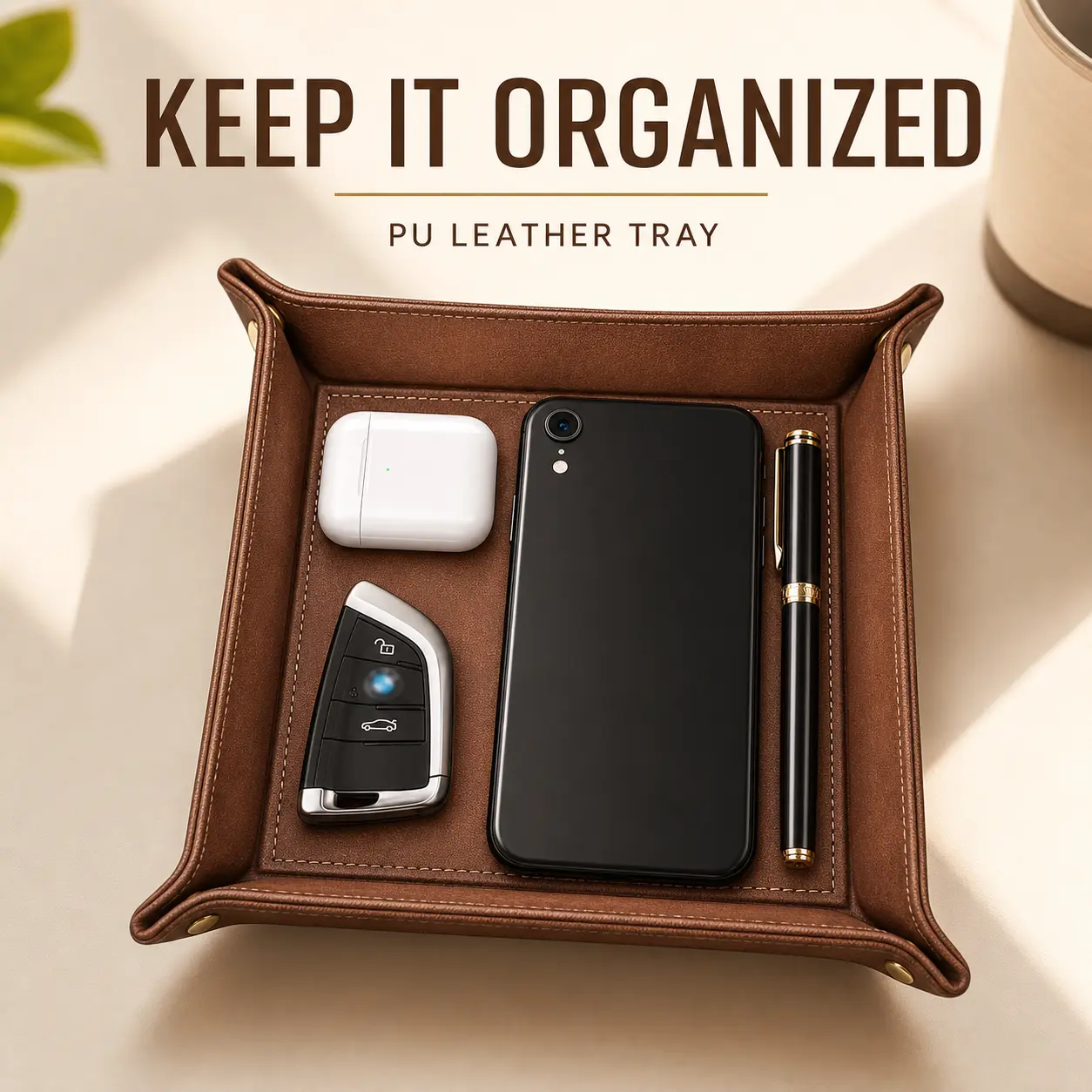 Brown PU Leather Double Layer Catchall Tray with Nylon Stitching, Desktop Storage Organizer for Keys/Phone, Wallet & Coins, Bedside Nightstand Caddy, Home Supplies Storage Organizer, Chic Look