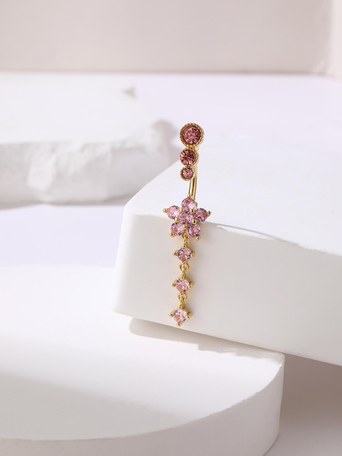 Flower Design Belly Ring, Elegant Rhinestone Decor Belly Piercing Jewelry for Women, Chic Body Jewelry, Fashion Accessories for Party, Daily Clothing Decor