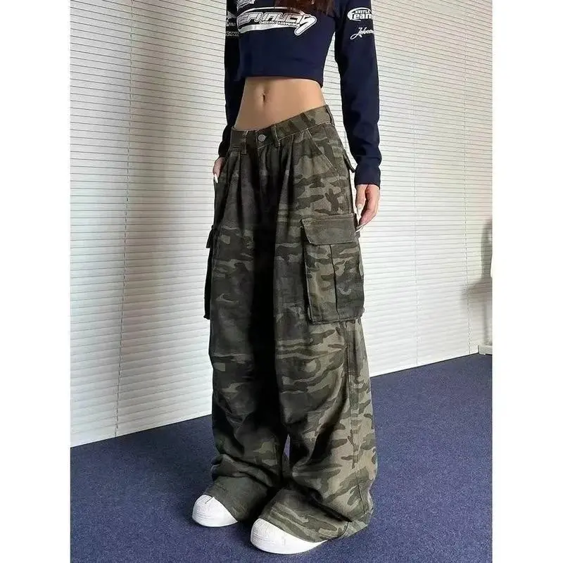 American Style Camouflage Workwear Jeans Loose Wide Leg Casual Slimming Trendy High Waist Thin Denim Pants for Women