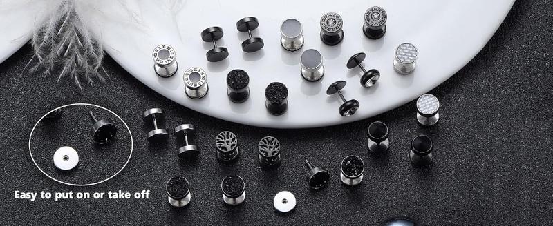 FUNRUN 12 Pairs 18 G Fake Gauge Earrings for Men Women Stainless Steel Stud Earrings Faux Gauges Earrings Fake Ear Plugs Gauges Tunnel JEWELRY