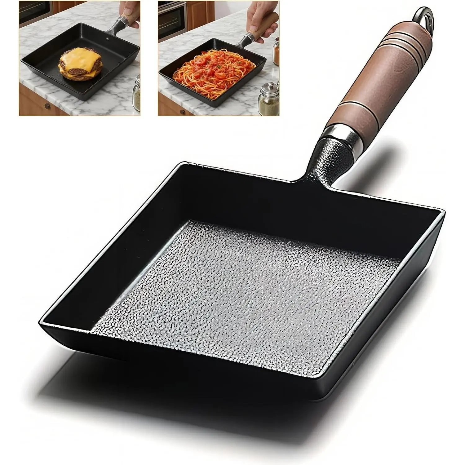OUKENS Japanese Cast Iron Nonstick Tamagoyaki Pan, Multifunctional Square Egg Pan with Detachable Wood Handle, Oven Safe for Omelets, Steak & Camping, 6.1 x 7.3 Inch