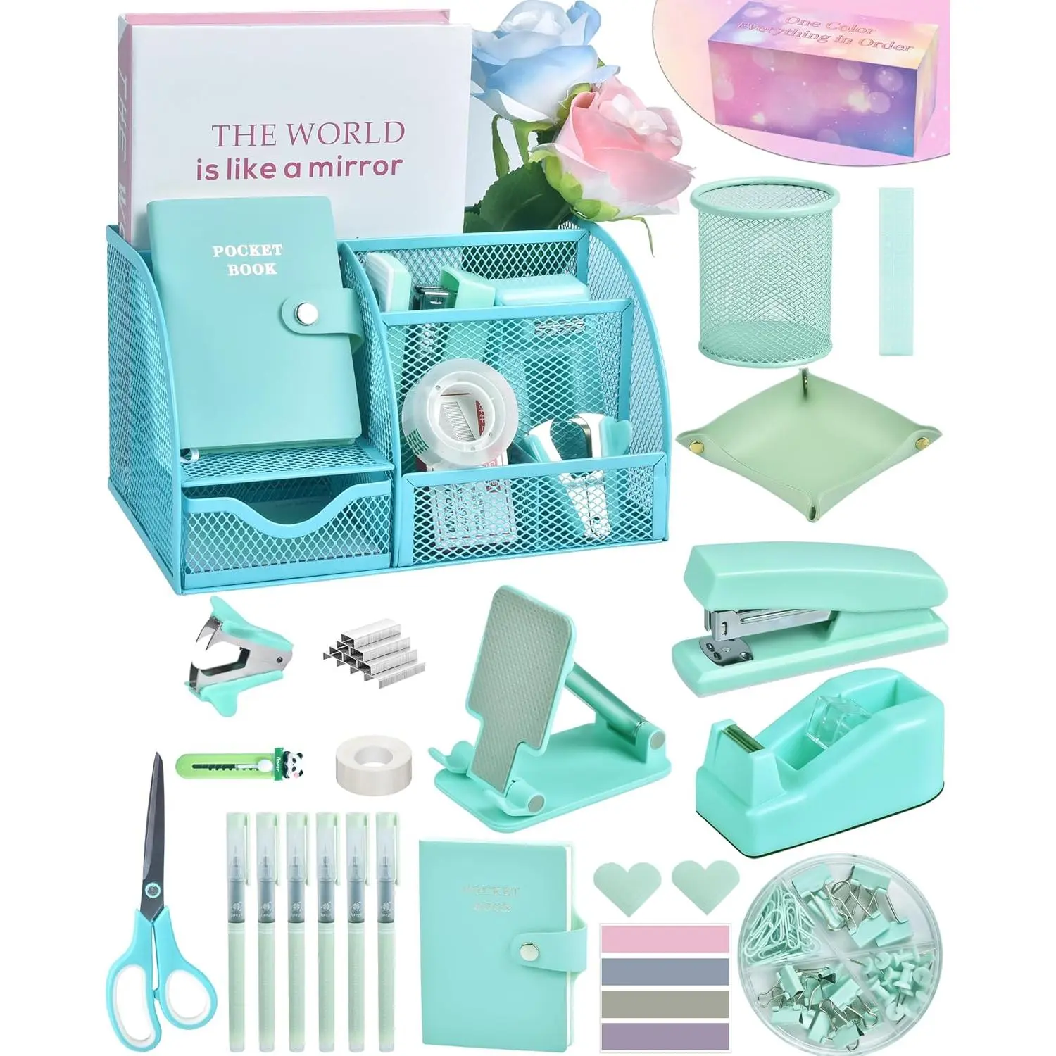 Green and Blue Desk Accessories, 26 count Office Supplies and Desk Organizers, with Tape Dispenser, Stapler, Staple Remover, Ect,  Box Packaging