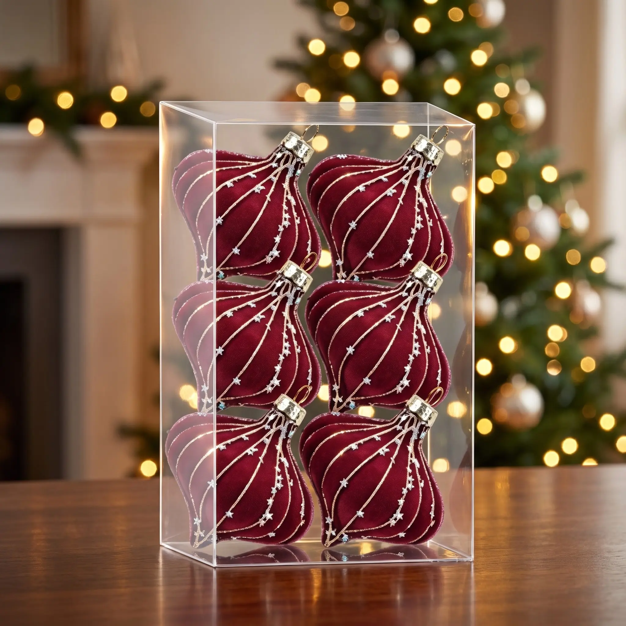 6pcs 8cm Faux Fur Onion Christmas Ornaments, Vintage Luxury Style, Silver Color Star Pattern, Metal Hook, PVC Box, Holiday Decor
