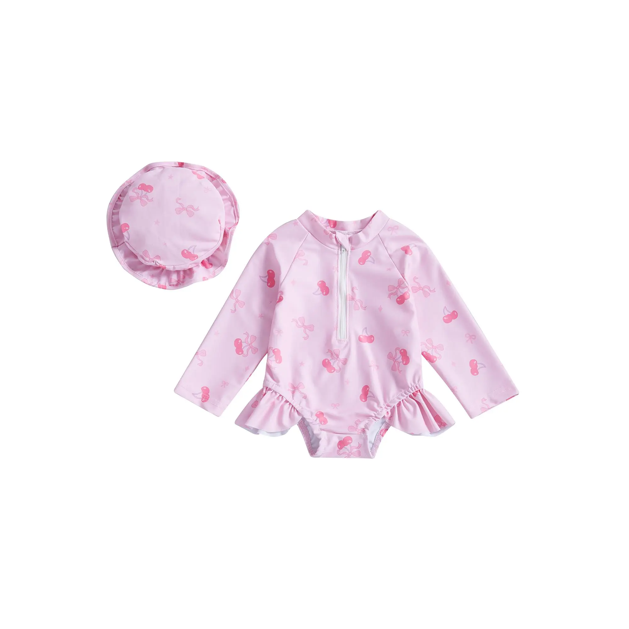 Shingpp Baby Girl Cherry Floral Long Sleeve Swimsuit Set with Matching Hat Zipper Ruffle Bathing Outfit 0-3 Years