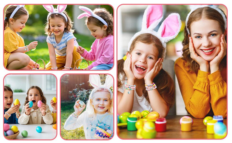 7 Pcs Easter Bunny Beaded Bracelet Set - Stackable Polymer Clay Heishi Stretch Bracelets with Bunny Carrot Egg Charms, easter bracelet bunny bracelet for gir, Easter Spring Jewelry Gifts for Teen