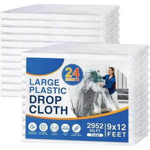 24 Pack 12 x 9 ft 0.4 MIL Large Painter's Plastic Drop Cloth Painting Sheet-Light & Durable Dust Cover-Clear Plastic Sheet-Plastic Sheeting-Plastic Cover- Drop Cloth- Plastic Floor Protector