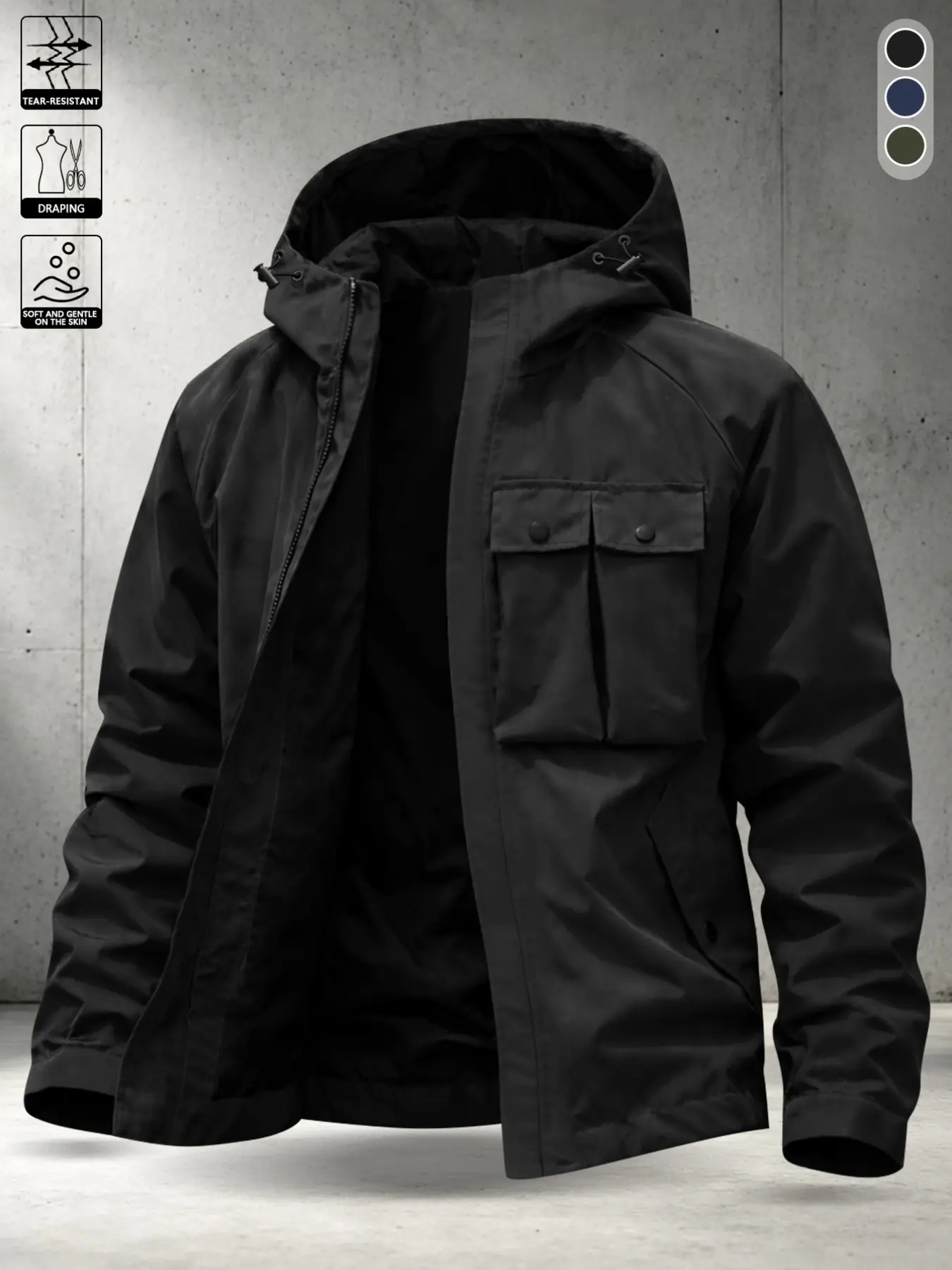Men's Outdoor Commute Workwear Plain Wind Drawstring Hood Pure Color Pullover Basic Neck Button Lock Right Chest Flip Cover Dual Buckle Large Patch Pocket Sleeve Inner Lining Jacket