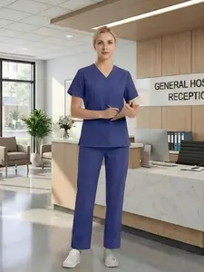 Women's Medical Surgical Basic Scrubs Set with Pockets, V Neck Top & Pants, Fitted Comfortable Soft Hospital Workwear Uniforms, Professional Nursing Wear