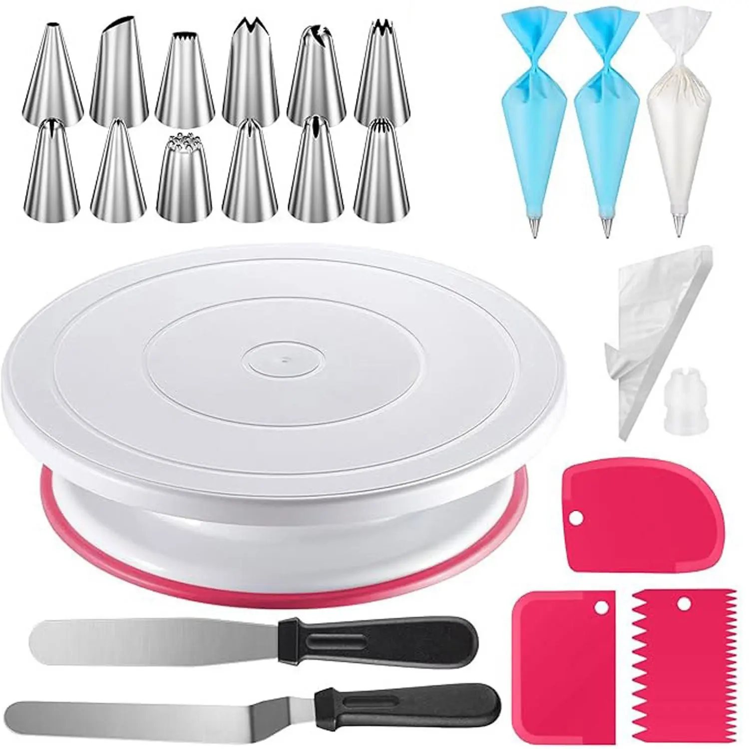 Cake Baking Set with Non-Slip Bar Rotating Platform, Icing Bag Converter, Straight and Curved Spatulas, Icing Nozzle Set