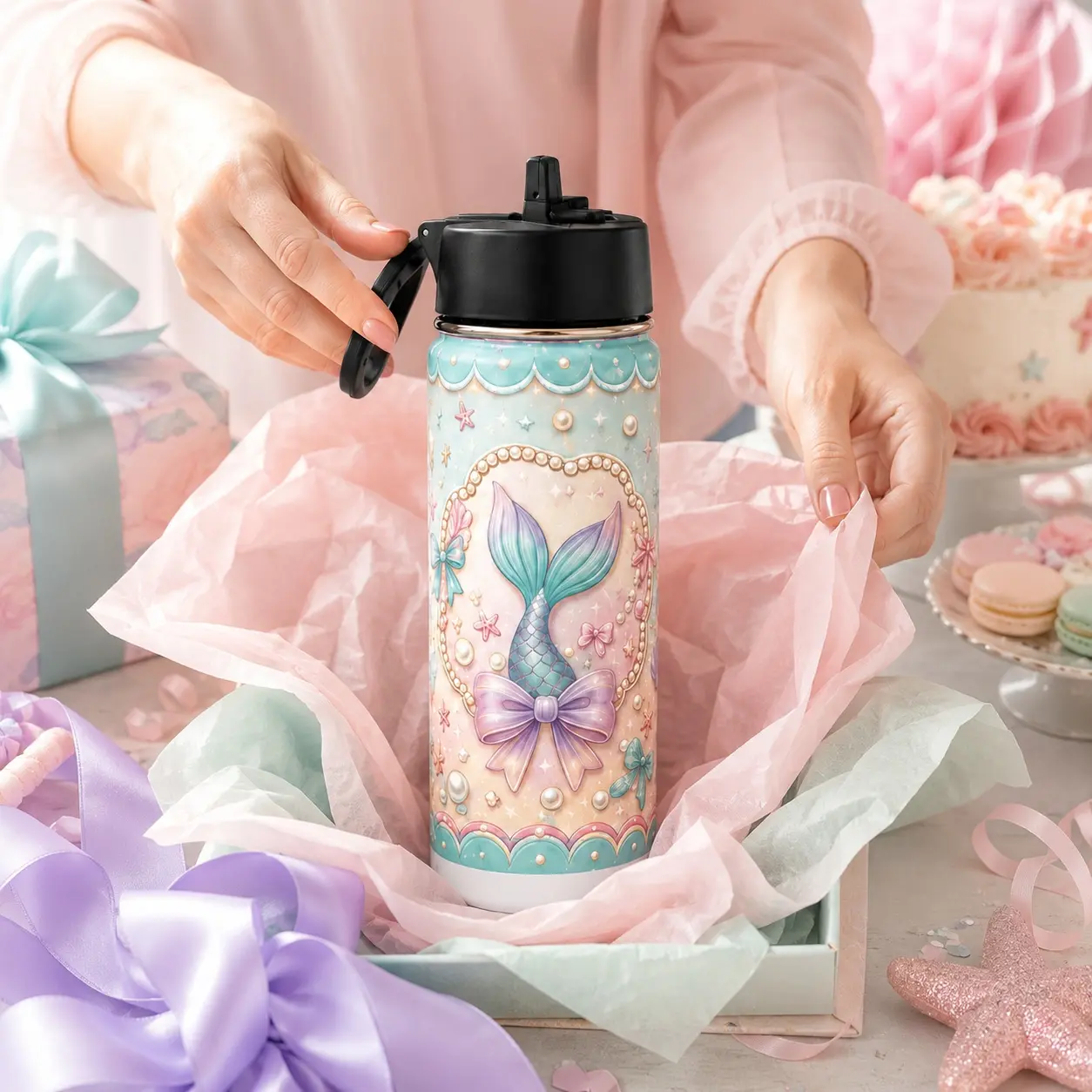 18 oz Kids Insulated Stainless Steel Water Bottle, Mermaid Gelato Club Seashell & Pearl Print Cup with Flip-Up Straw Lid and Carry Handle for School, Travel & Daily Hydration