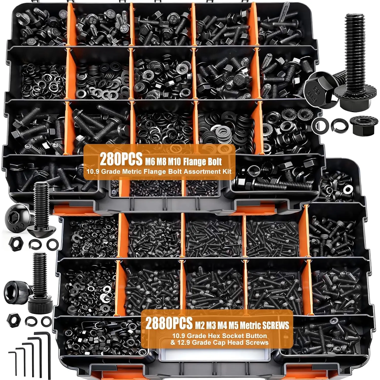 3160PCS Metric Bolts and Nuts Assortment Kit - Flange Bolts, Hex Socket Button Screws, Cap Head Screws (42 M2-M10 Sizes, 4-45mm, M6x1.0, M8x1.25, M10x1.5) with Lock Washers and Flat Washers