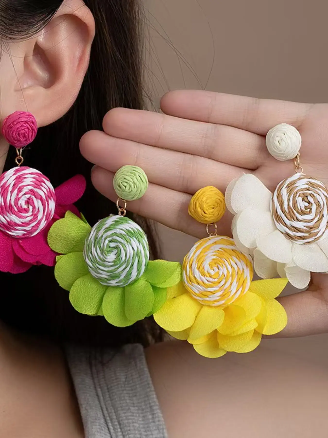 Bohemian Summer Earrings, Large Flower Lattice Dangle Earrings, Colorful Braided Pendant Ear Jewelry, All-Season Boho Style Accessories, Trendy Jewelry