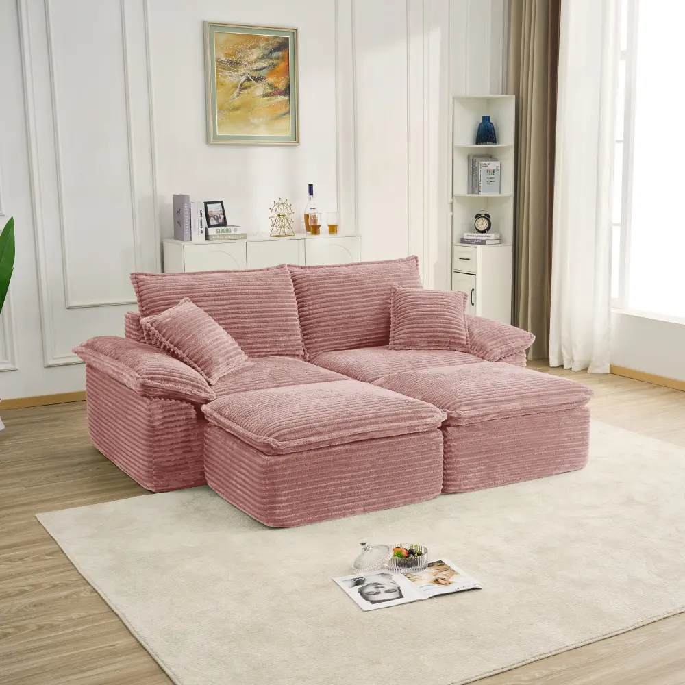 81" Sectional Sofa - Oversized Corduroy Cloud Couch with Movable Ottoman Soft Modern Comfy and No Assembly Sofa Set for Living Room Apartment Office, Pink