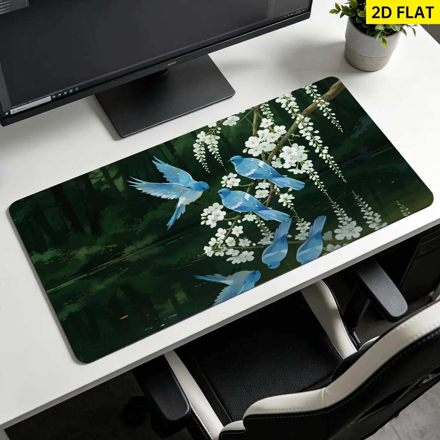 3D Synthetic Blue Birds & White Flower Wisteria Forest Wall Tapestry - Large Horizontal Polyester Printed Blanket, Computer Desk/Living Room Decor, No-Install Indoor/Outdoor Gift Wall Hanging