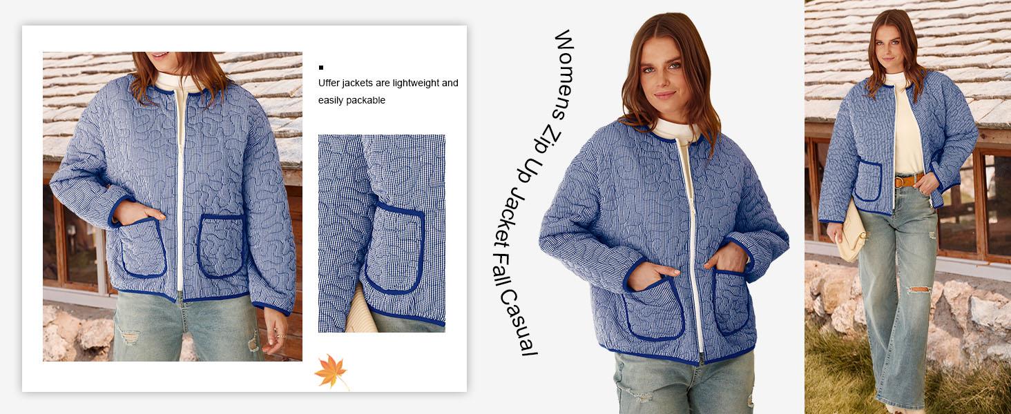 Yousify Womens Jackets Fall Fashion 2025 Crew Neck Quilted Plaid Jacket Full Zipper Coats S-2XL