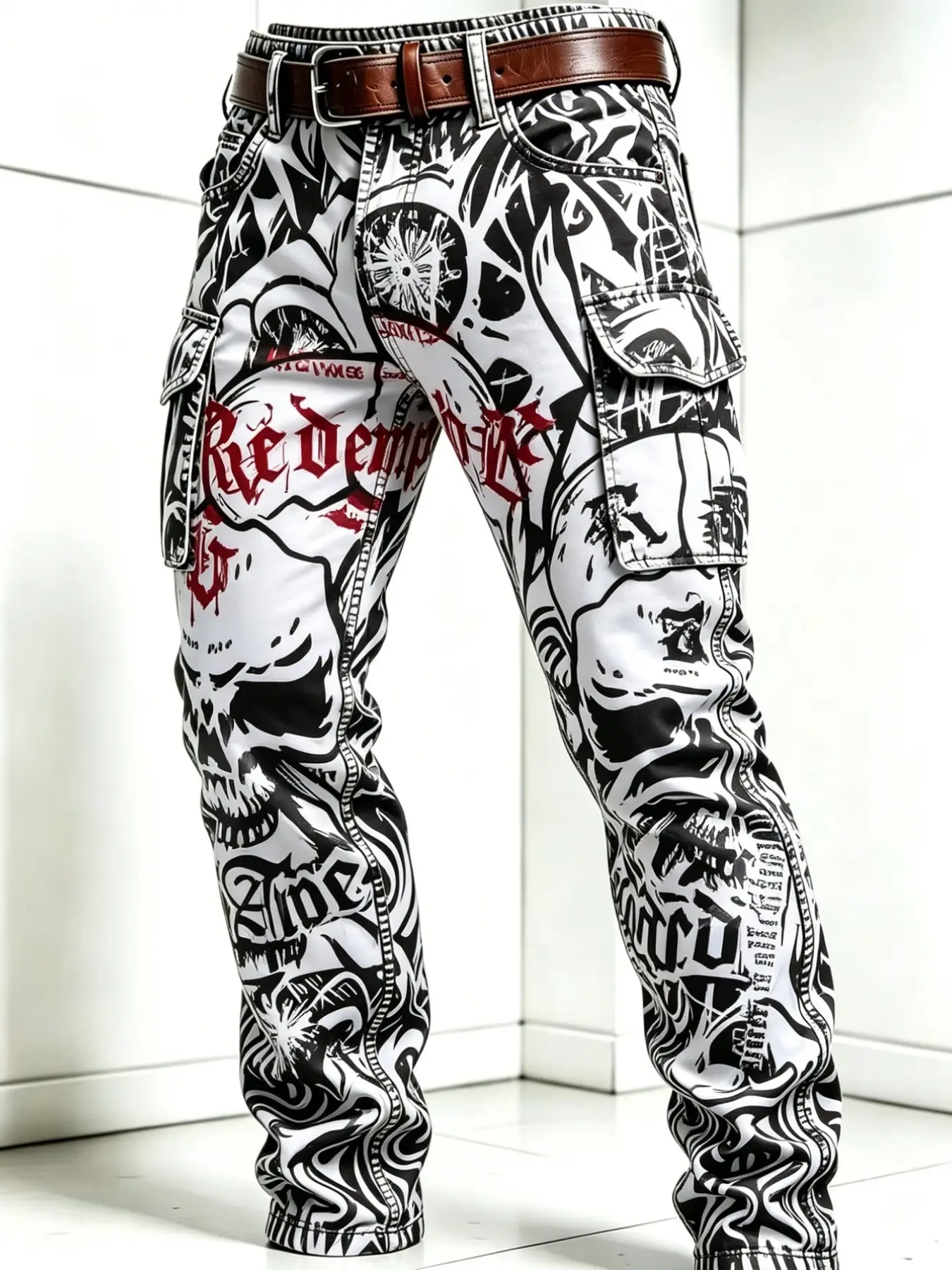 Gothic Punk Men's Casual Pants, Full-Print Workwear Long Pants, Multi-Pocket Straight Leg, Button Fly, Fall & Winter Fashion