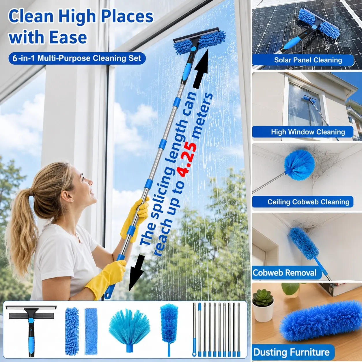 13.9FT 10 Joining rod Window Cleaning Kit, Multi-Purpose Telescopic Pole with Squeegee, Microfiber Washer, Chenille Duster & Cobweb Brush for High Windows, Solar Panels & Ceiling Cleaning