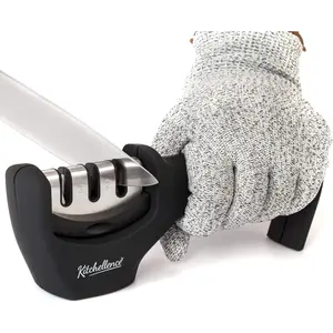 4-in-1 Kitchen Knife Accessories: 3-Stage Knife Sharpener Helps Repair, Restore, Polish Blades and Cut-Resistant Glove (Black)