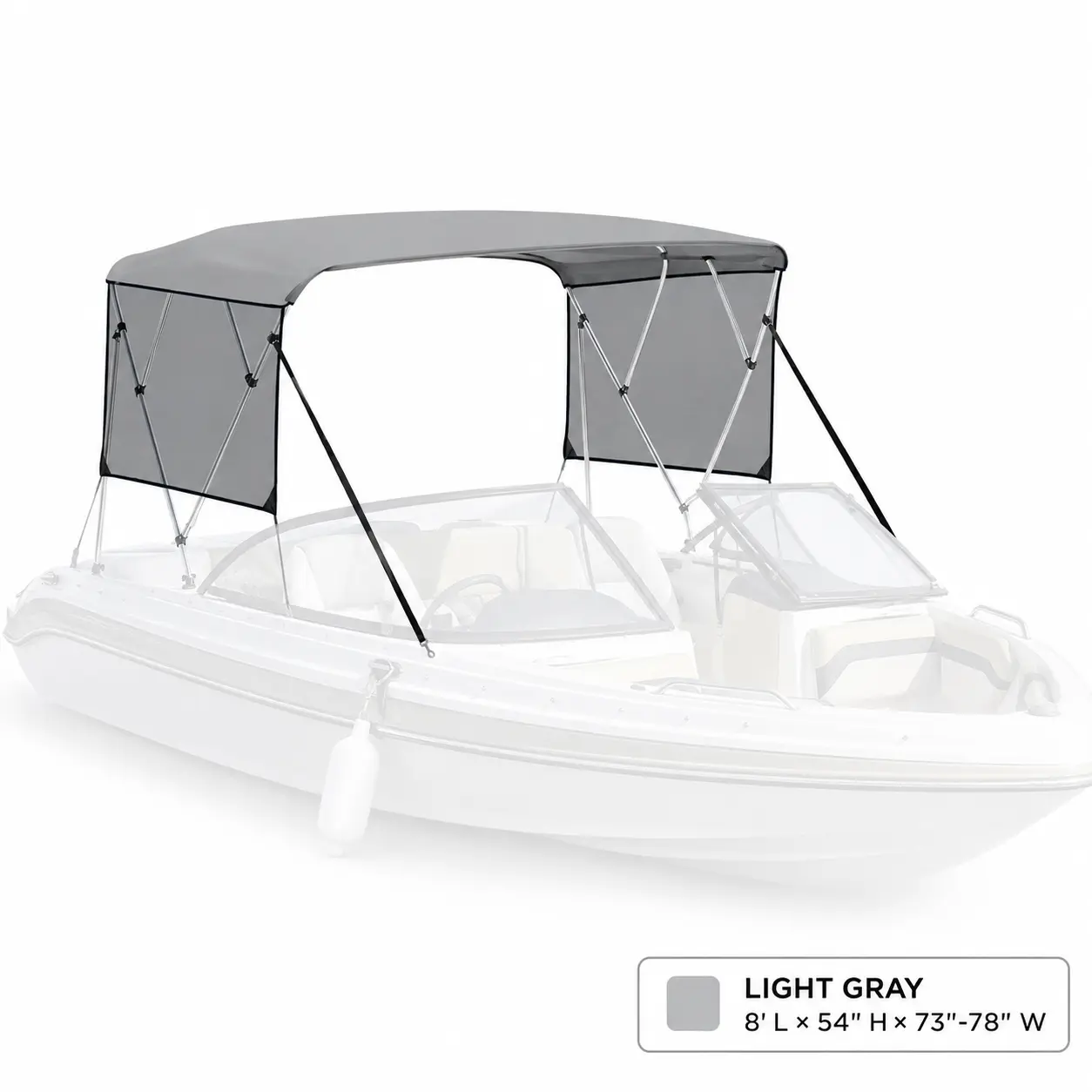Heavy-Duty 8ft 4 Bow Bimini Top for Boats with Zippered Sidewalls, Marine-Grade PU-Coated Canvas Boat Canopy Sun Shade Cover, 1" Aluminum Frame with Adjustable Rear Support Poles & Storage Boot, Waterproof Pontoon & Fishing Accessories, Black/Gray