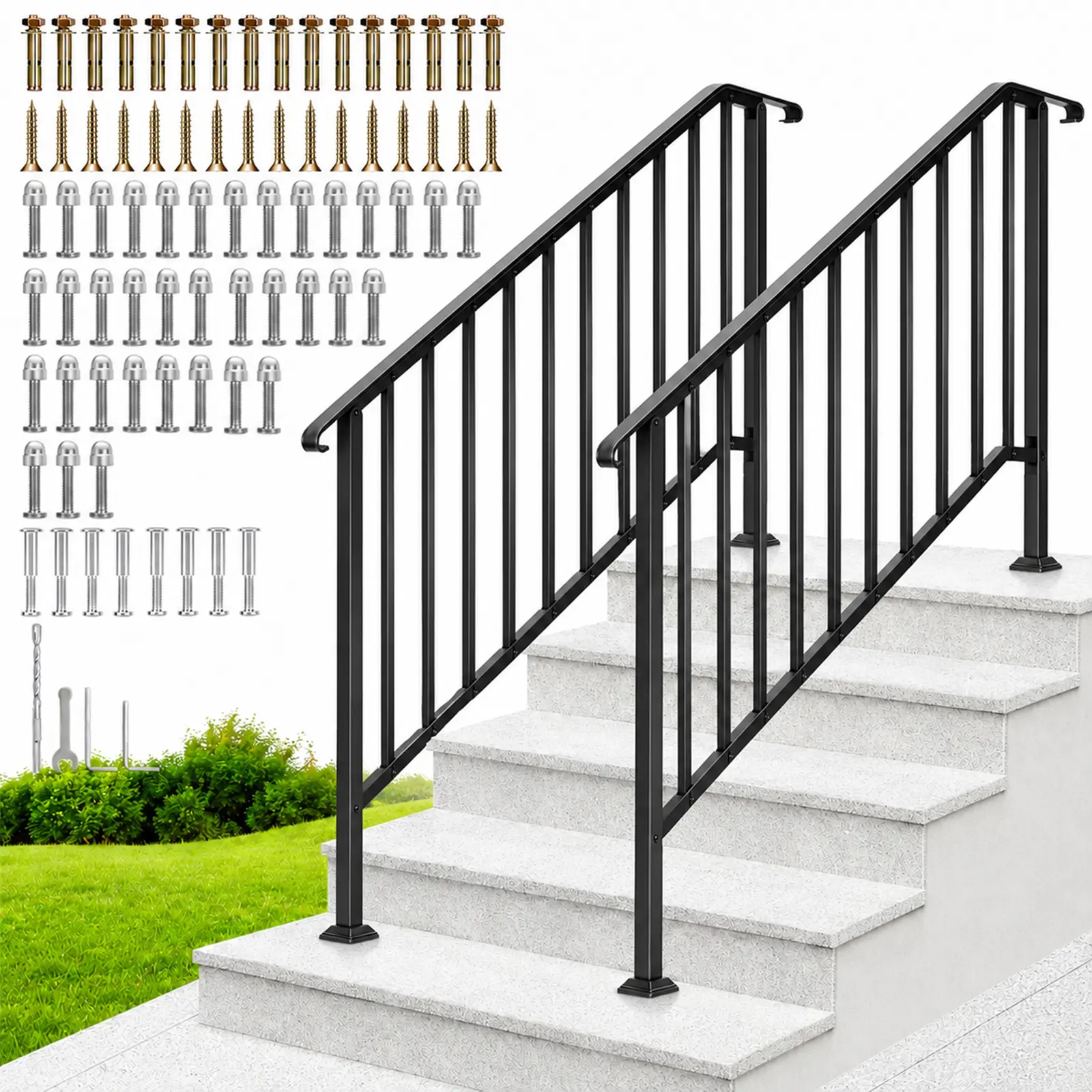 2-Pack Steel Handrails Black for Outdoor Porch Deck Steps(3 or 5 Step)