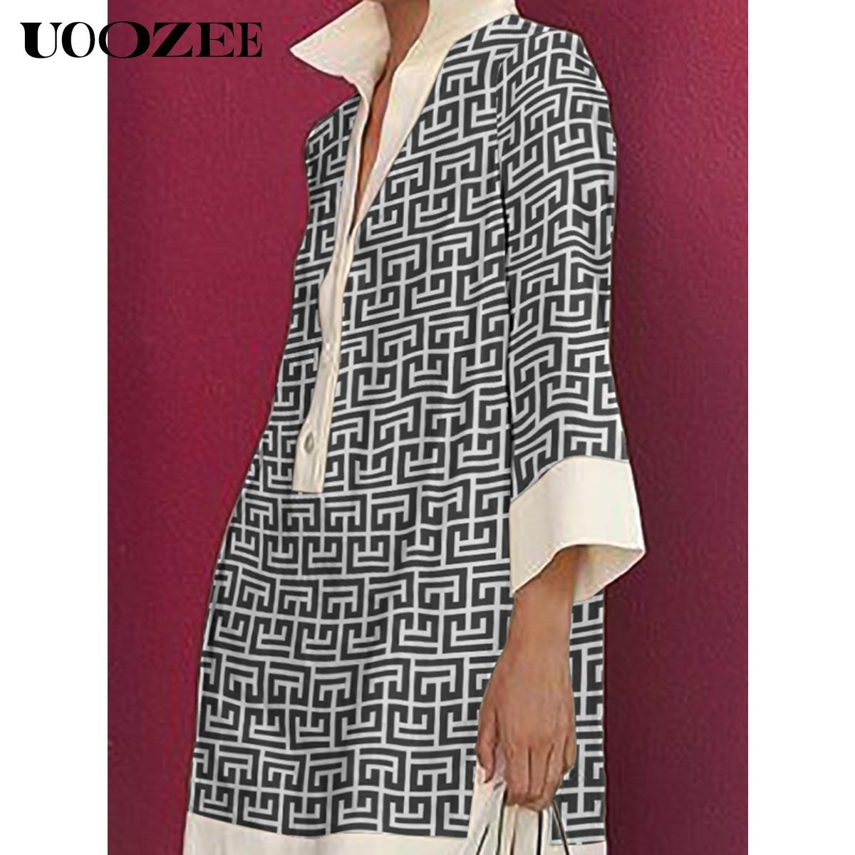 UOOZEE Women's Green Geometric Print Three-Quarter Sleeve Buttoned Collared Mini Dress Casual Summer Shirt Style Stylish Design No Stretch Cotton Blend Soft Everyday Wear Womenswear Spring