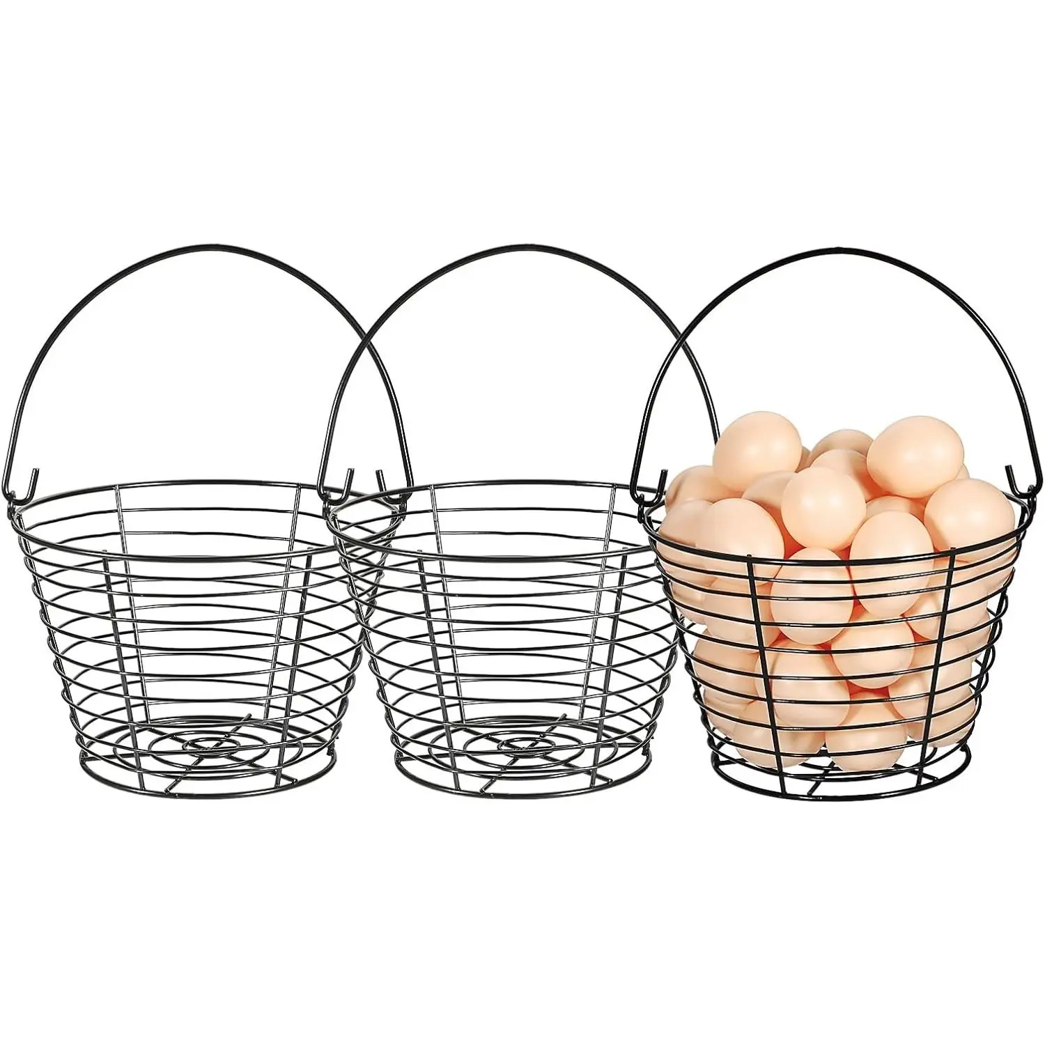 3 PCS 8" Black Round Wire Egg Baskets With Handle Egg Collecting Basket Small Metal Egg Basket for Gathering Fresh Eggs, Chicken and Duck Eggs Hunting Basket Egg Holder Countertop