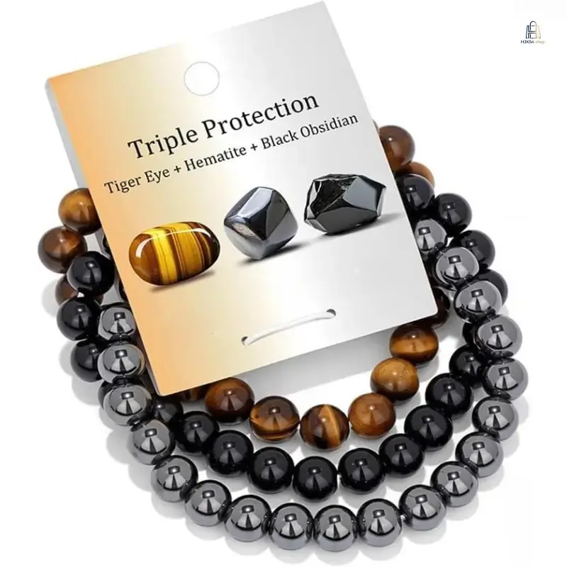 Unisex 8mm Natural Stone Beaded Stretch Bracelet - Handmade Elastic Tiger Eye, Hematite, Obsidian Casual Daily Wear Fashion Jewelry Gift, Stone Mix, Casual Wear, Handmade Look
