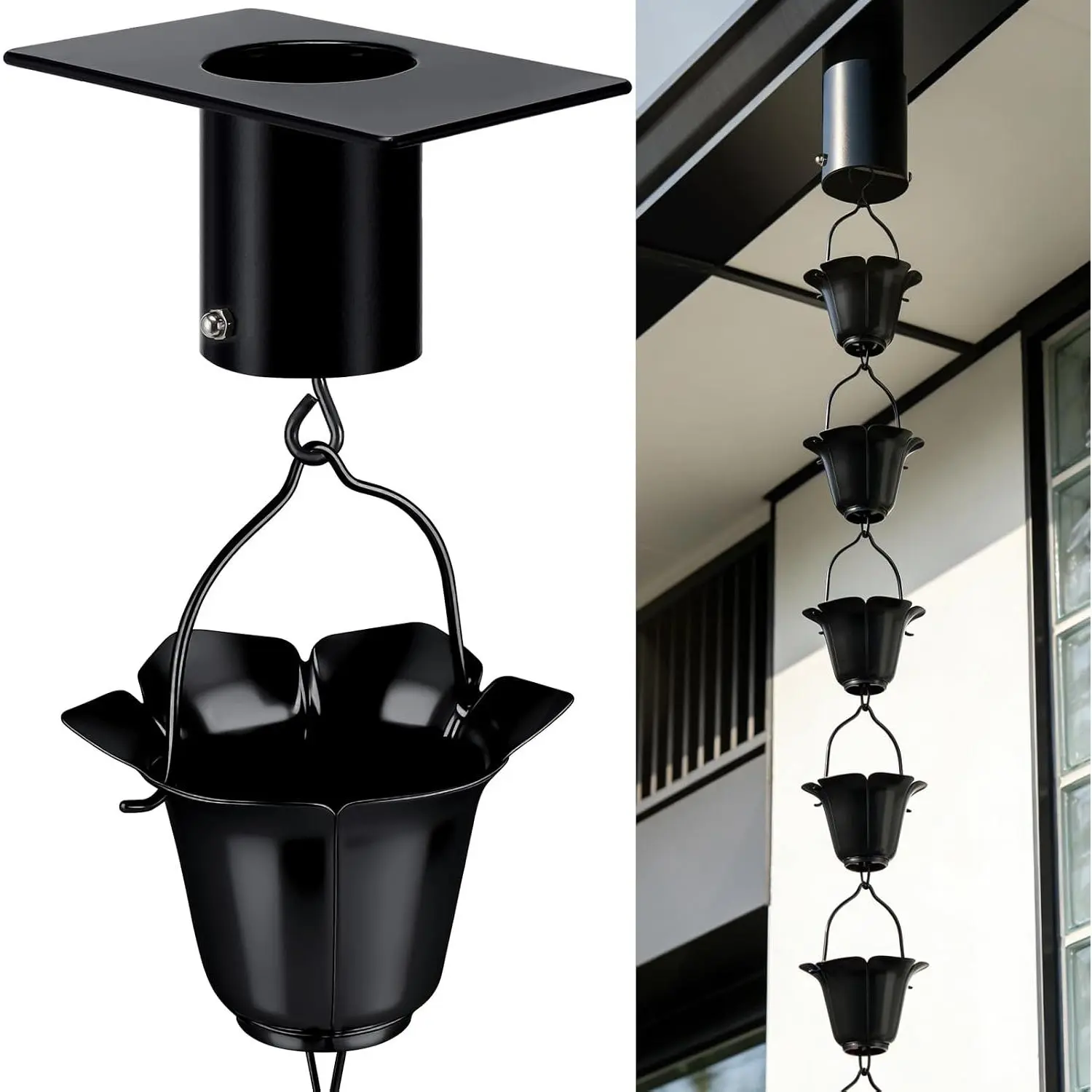 8.5 ft Black Iron Rust-Proof Petunia Rain Chain with Downspout Fit Adapter, 16 Large-Opening Anti-Splashing Cups, Included Parts, Easy-Assemble Instructions for Outdoor Gutters, Smooth Water Flow, 8.5 Ft Length