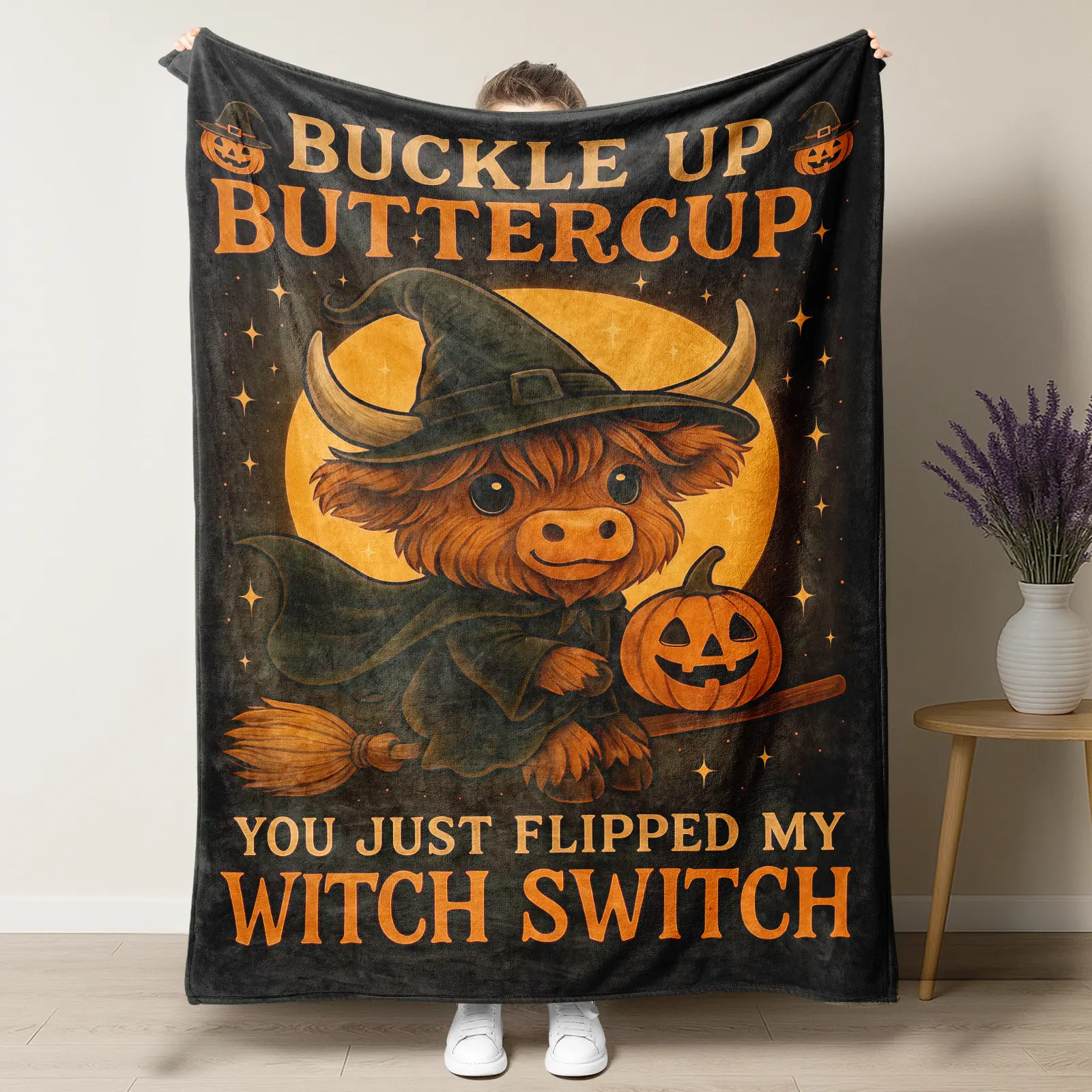 Black Vintage Halloween Witch Highland Cow Pumpkin Broom Flannel Blanket,Buckle Up Buttercup You Just Flipped My Witch Switch Throw Blanket,Soft Dark Cottagecore Fall Decor Blanket For Bed,Funny Halloween Holiday Gift For Highland Cow Lovers