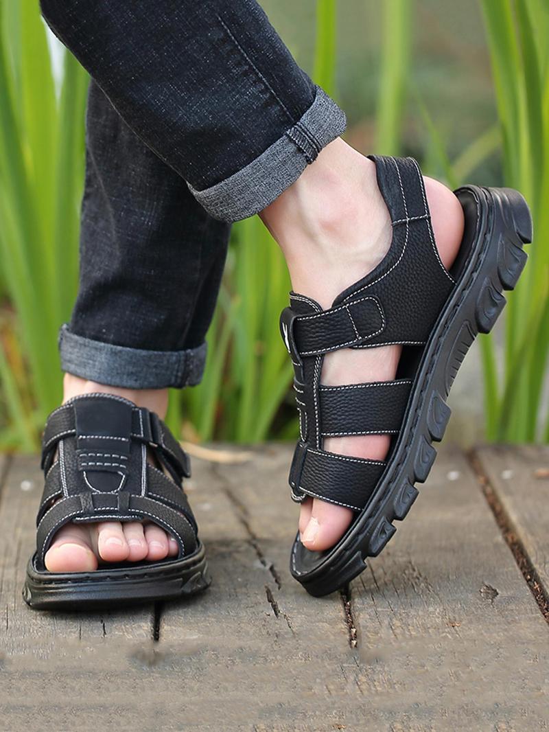 Men's Casual Plain Velcro Sandals, 2024 Fashionable Summer New Open Toe Sandals for Summer, Lightweight Breathable Comfortable Shoes for Daily Wear