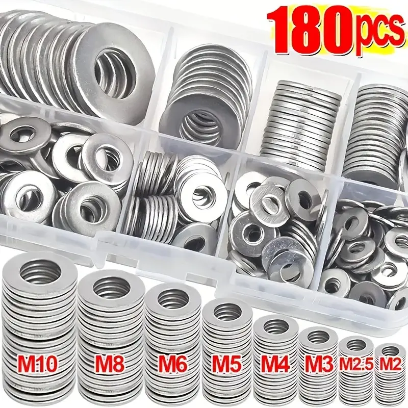 180 Pieces Metric Stainless Steel Flat Washers Set, M2-M10 Sizes, Round Metal Washers with Storage Box, for Automotive & Machinery Repair