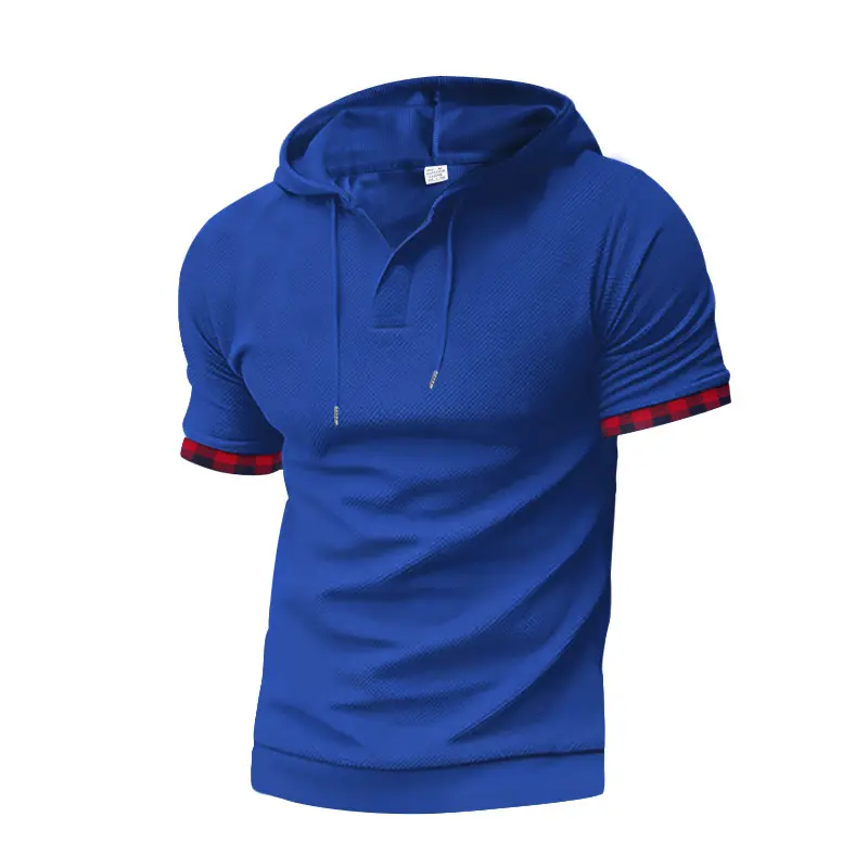 Men's Plus Size Color Block Waffle Knit Short Sleeve Hoodie - Poly Blend, Machine Washable Male Sport Casual Top for Spring, Summer Outdoor Athletic Wear, Athletic Sport