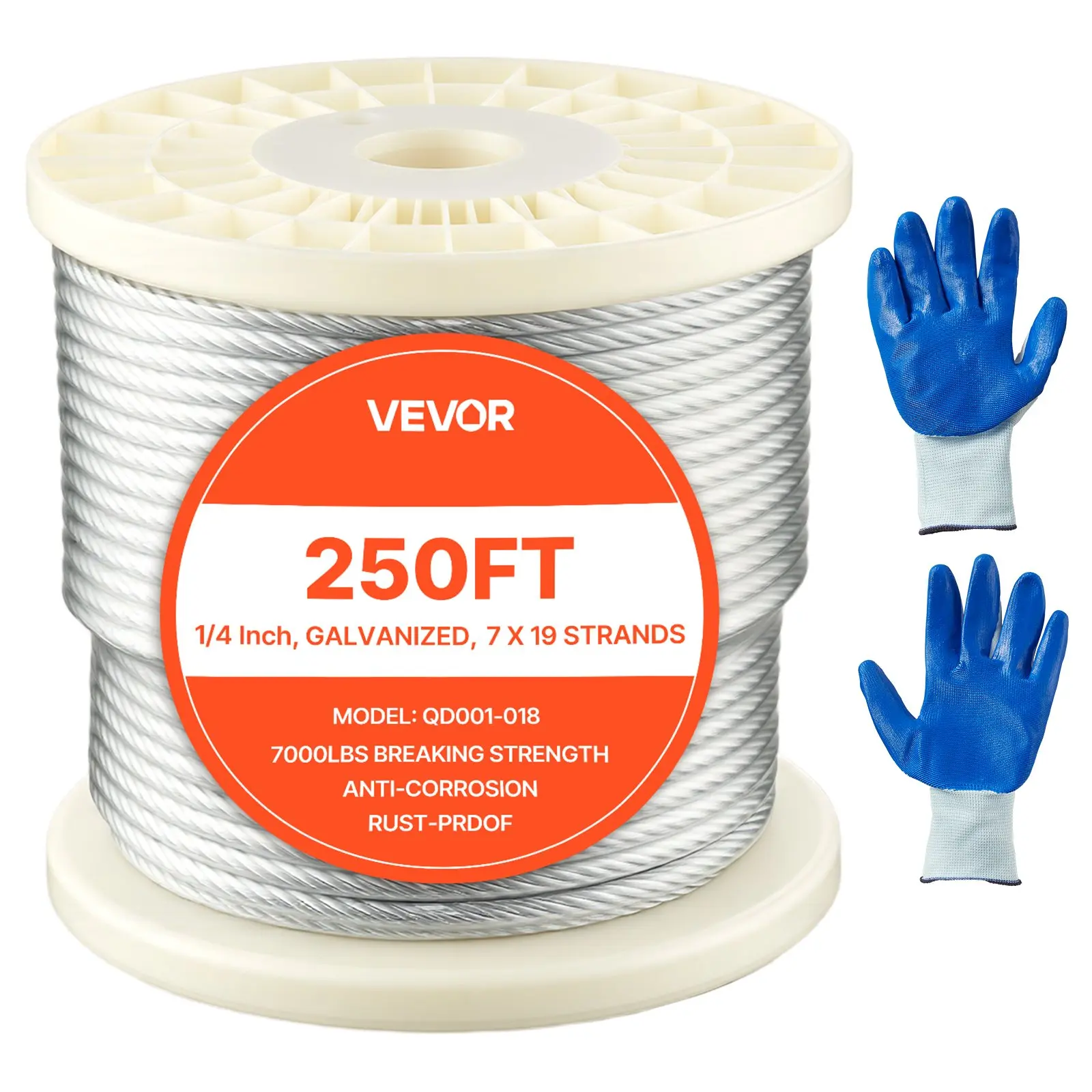 VEVOR 1/4 in Zinc Galvanized Carbon Steel Wire Rope, 250 ft Length, 7x19 Strands, 7000 lbs Breaking Strength, 28.1 lbs Weight, Cut Easily, with Gloves, for Deck Railing System, Garden Trellis