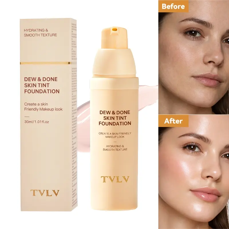 Pump Bottle Dewy Skin Tint Lightweight Formula Foundation 7 Shades Skincare Infused Deep Hydrating Breathable Long Lasting Concealing Base Makeup Non Cakey Transfer Resistant