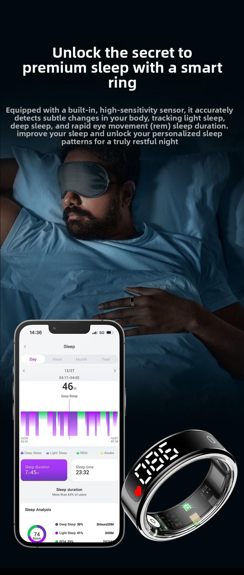 R13 Smart Ring Blood Oxygen Monitor Step Counter Sleep Tracker Bluetooth Fitness Activity Tracker for Health Monitoring Sports Exercise Tracking with Display