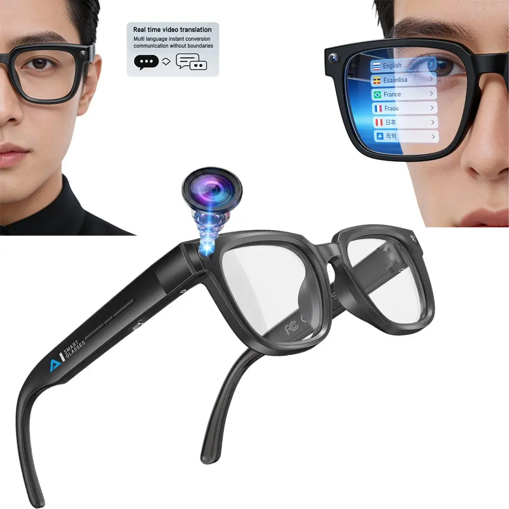 Wearable Smart Glasses with 8MP Camera, Hands-free Photo Video Shooting, 110 Degree Wide Angle Lens, 4GB Memory, 290Mah Battery,3D Stereo Sound, Music Playback,Bluetooth Call, AI Video & Dialogue Translation