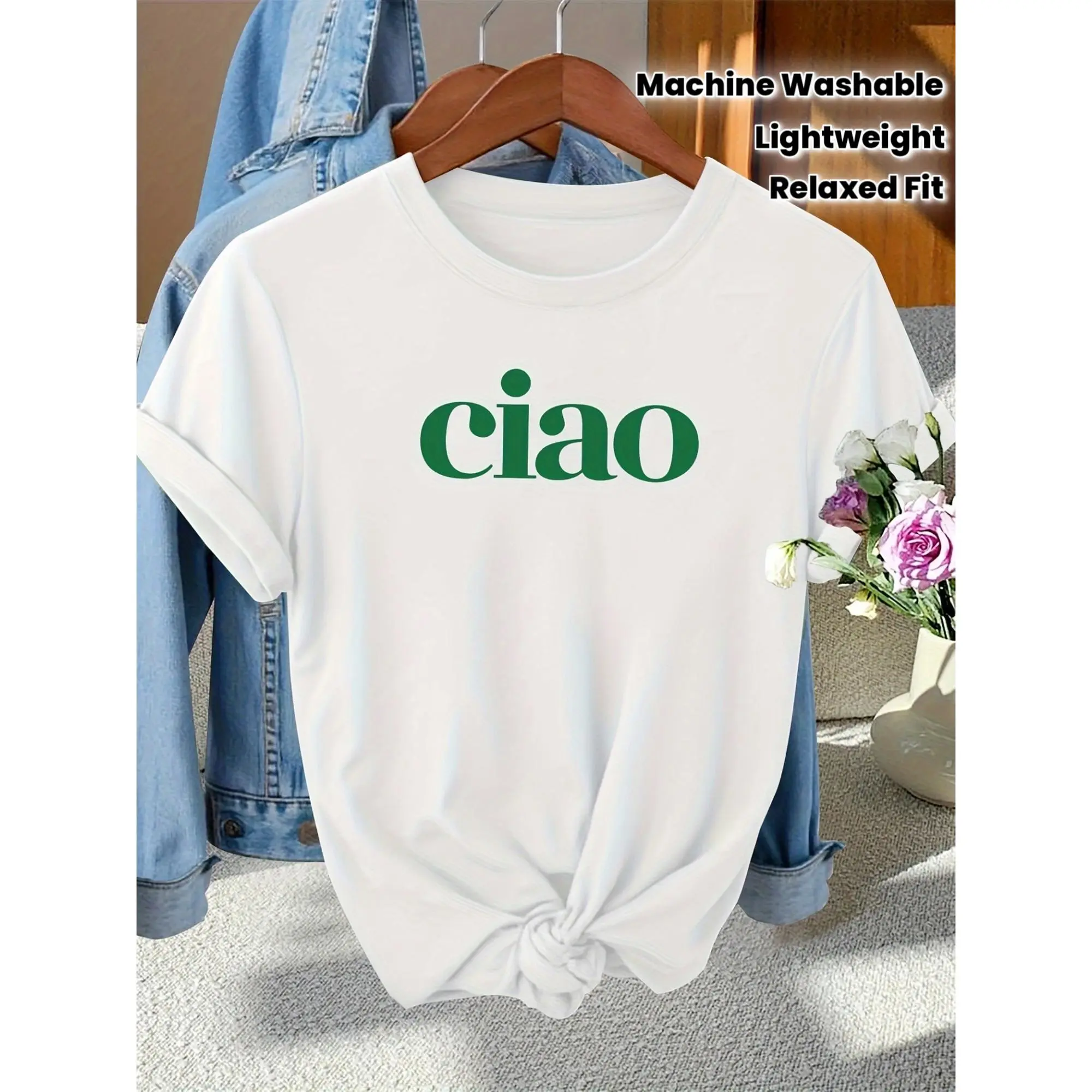 Italian Phrase T-Shirt - Ciao Print Blouse Top with Italian Language Design | Lightweight Breathable Short Sleeve Round Neck | Relaxed Fit Casual Wear Suitable for Commuting, Vacation, Daily Outfits (S-XXL) | Machine Washable Italian Style
