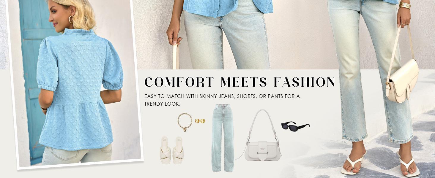 Fashare Womens Peplum Puff Sleeve Tops Dressy Casual Summer Textured Blouses V Neck Ruffle Pleated Shirts