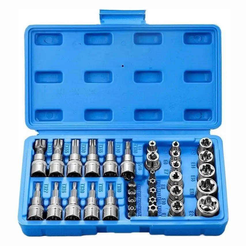 Professional 34-Piece Master Torx Bit & E-Socket Wrench Set, Heavy Duty S2 Steel & Cr-V Star Sockets (E4-E20, T10-T60), Security Tamper-Proof Drive Tool Kit with Storage Case for Car & Truck Repair
