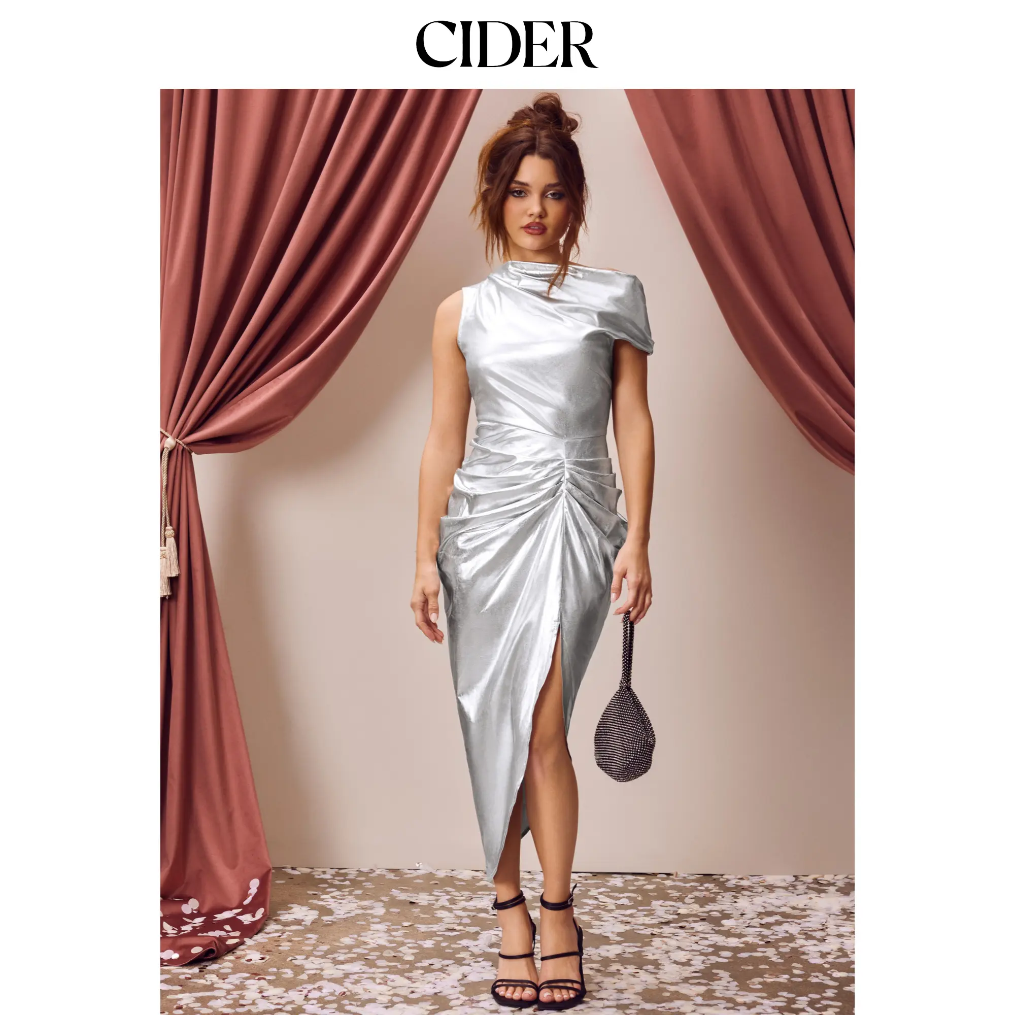 Cider [size 0-10] Metallic Asymmetrical Neck Solid Ruched Split Midi Dress SummerFinds