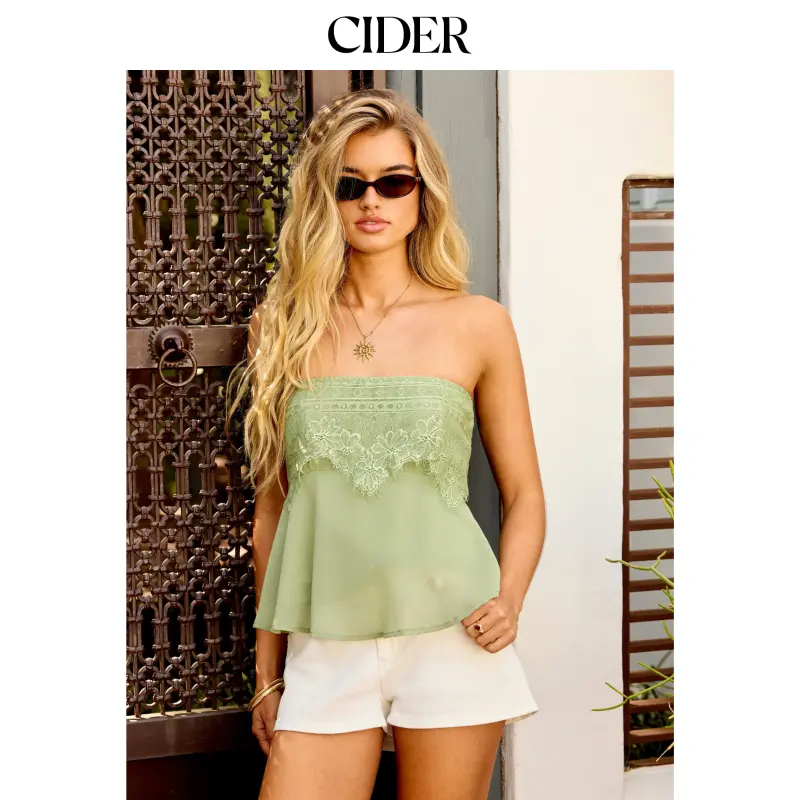 Cider Chiffon Floral Lace Shirred Cropped Bandeau Top
