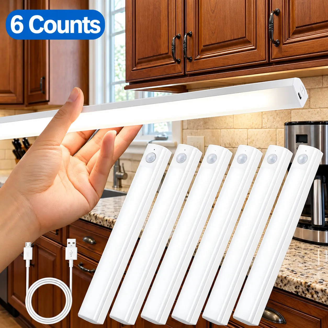 6-Pack Magnetic Under Cabinet LED Lights, Rechargeable Motion Sensor Lamp with Long Lasting Battery, Indoor Lighting for Kitchen, Bedroom, Closet, Sink Area, Hallway, Home Decor Accessories