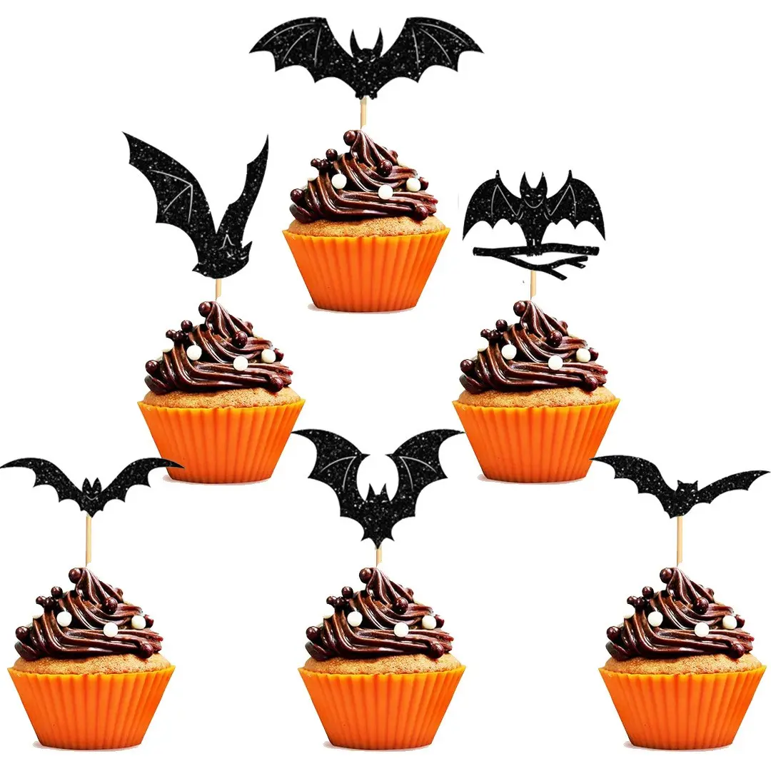 Black Glitter Bat Cupcake Toppers 12Pcs Halloween Cake Picks Decorations for Halloween Christmas Themed Party Birthday Supplies