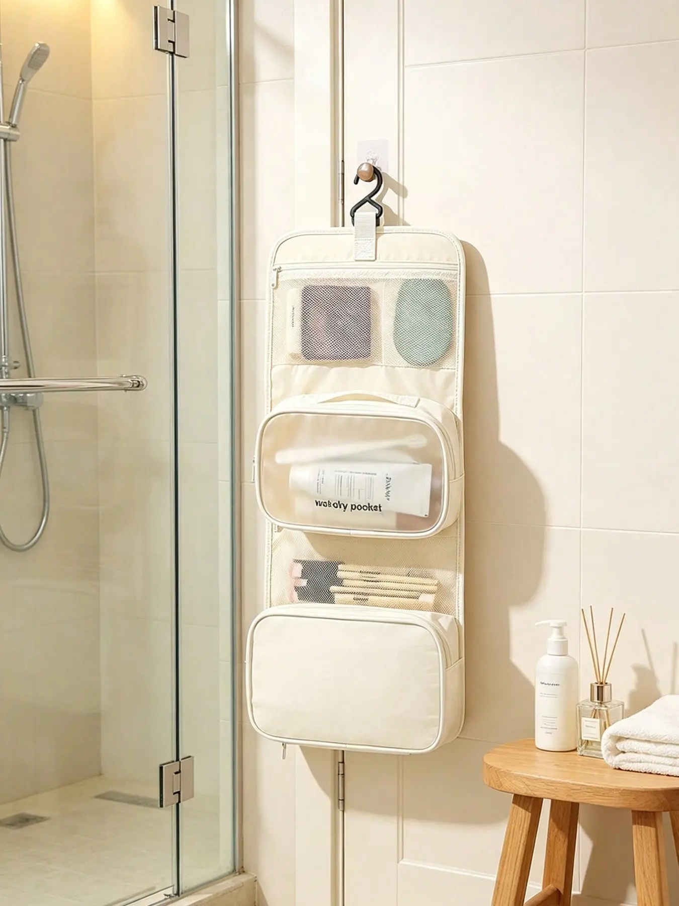 Detachable Hook Travel Wash Bag, Large Capacity Foldable Toothbrush Case, Waterproof Storage Organizer, Dry Wet Separation, Ideal for Travel & School
