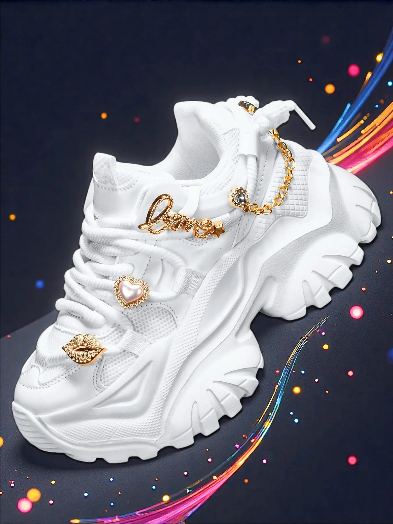 Women's Y2K Sweet Cool Sports Shoes, Eva Lightweight Thick Sole, 7cm Heel Lift, Detachable Gold Love Heart Chain, Casual All Seasons