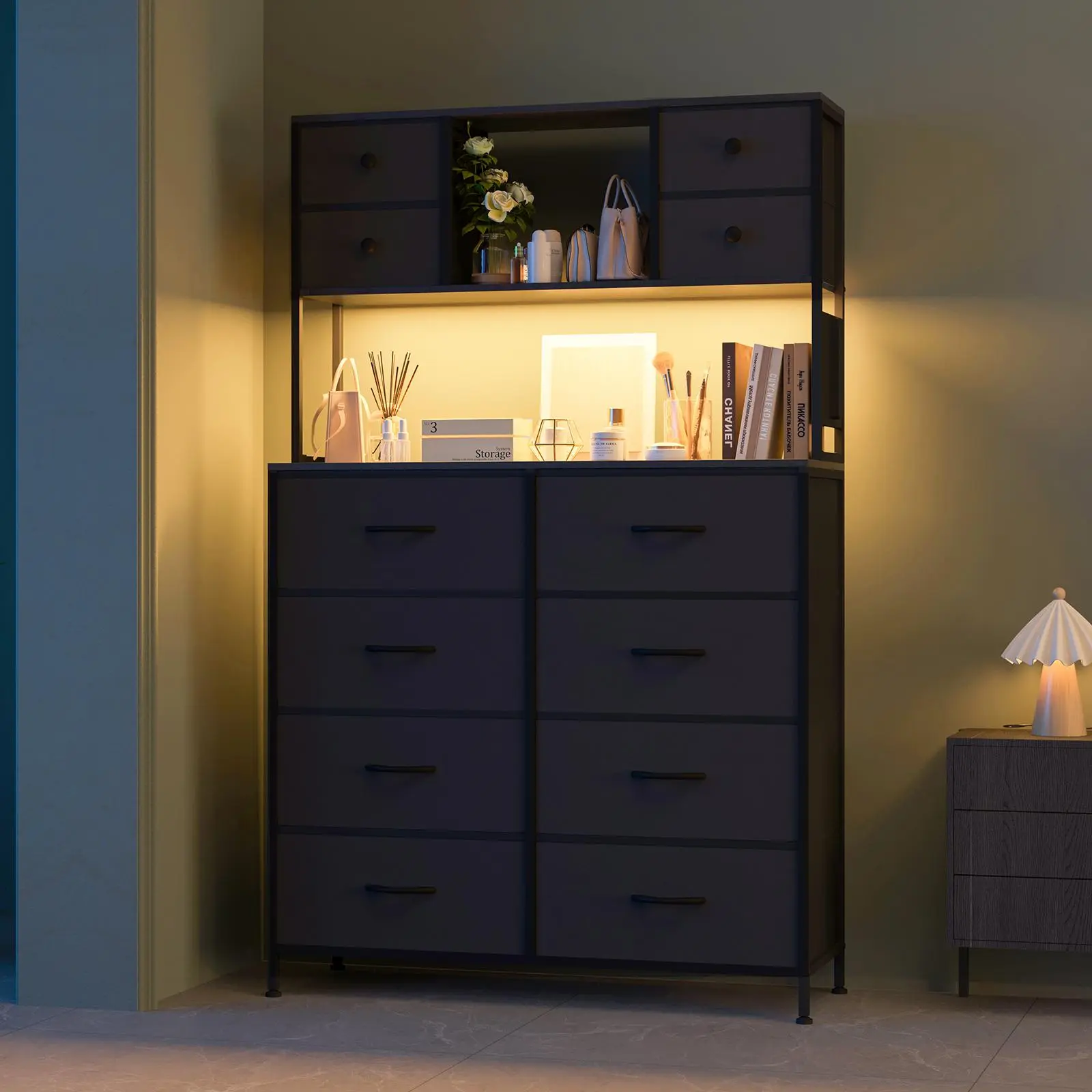 12-Drawer Fabric Dresser with Charging Station & Charging Light - Tall Slim Bedroom Dresser with LED Lights, Steel Frame, Wood Top, Anti-Tip Kit, Easy Setup Large Capacity Organizer for Bedroom, Gaming Room