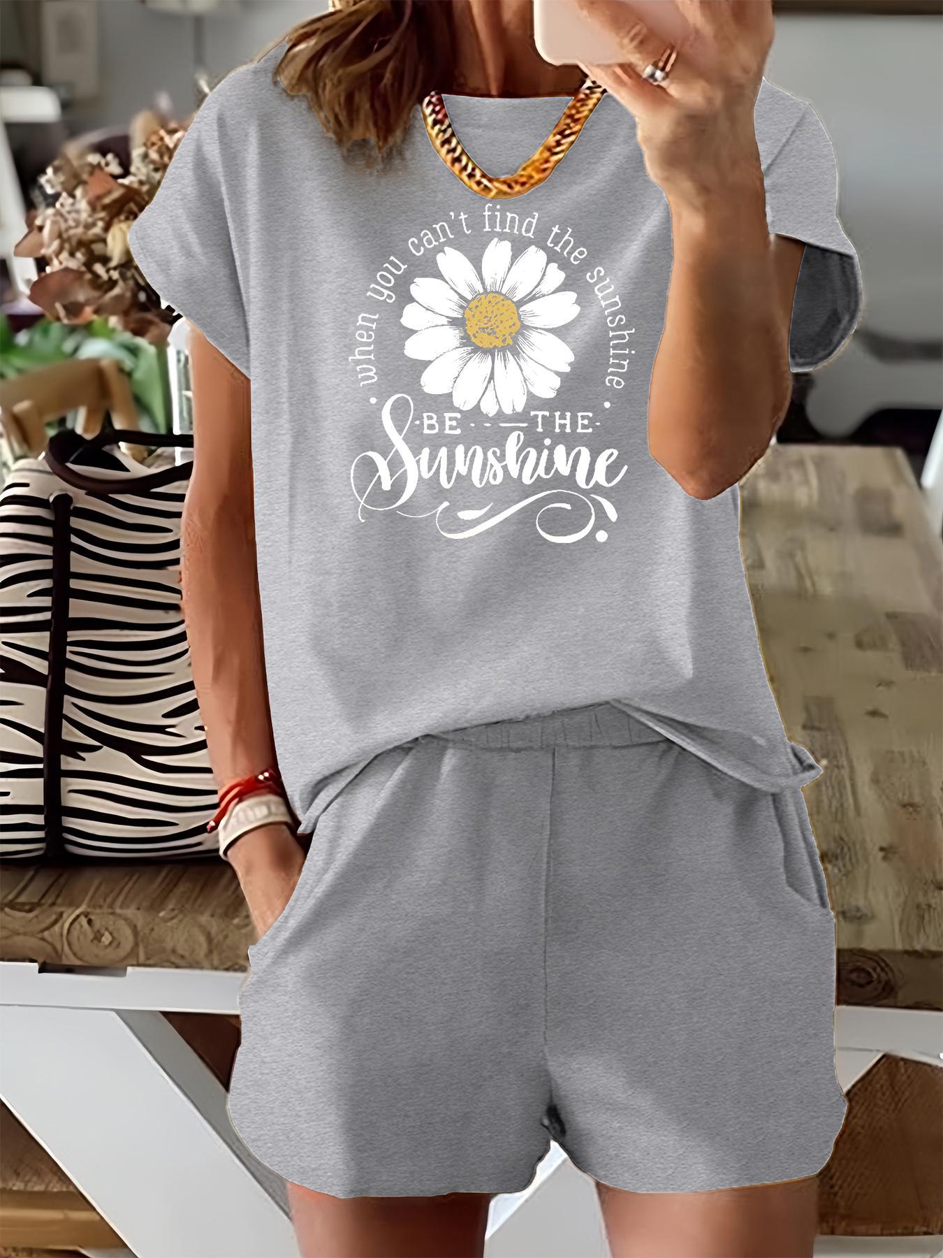 Women's Floral & Letter Print Two-piece Set, Casual Fitted Short Sleeve Tee & Elastic Waist Shorts Set, Ladies Summer Outfits for Daily Wear