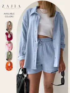 Women’s 2 Piece Lounge Set, Cotton Gauze Button Down Shirt & Drawstring Shorts, Lightweight Crinkle Fabric, Casual Summer Wear