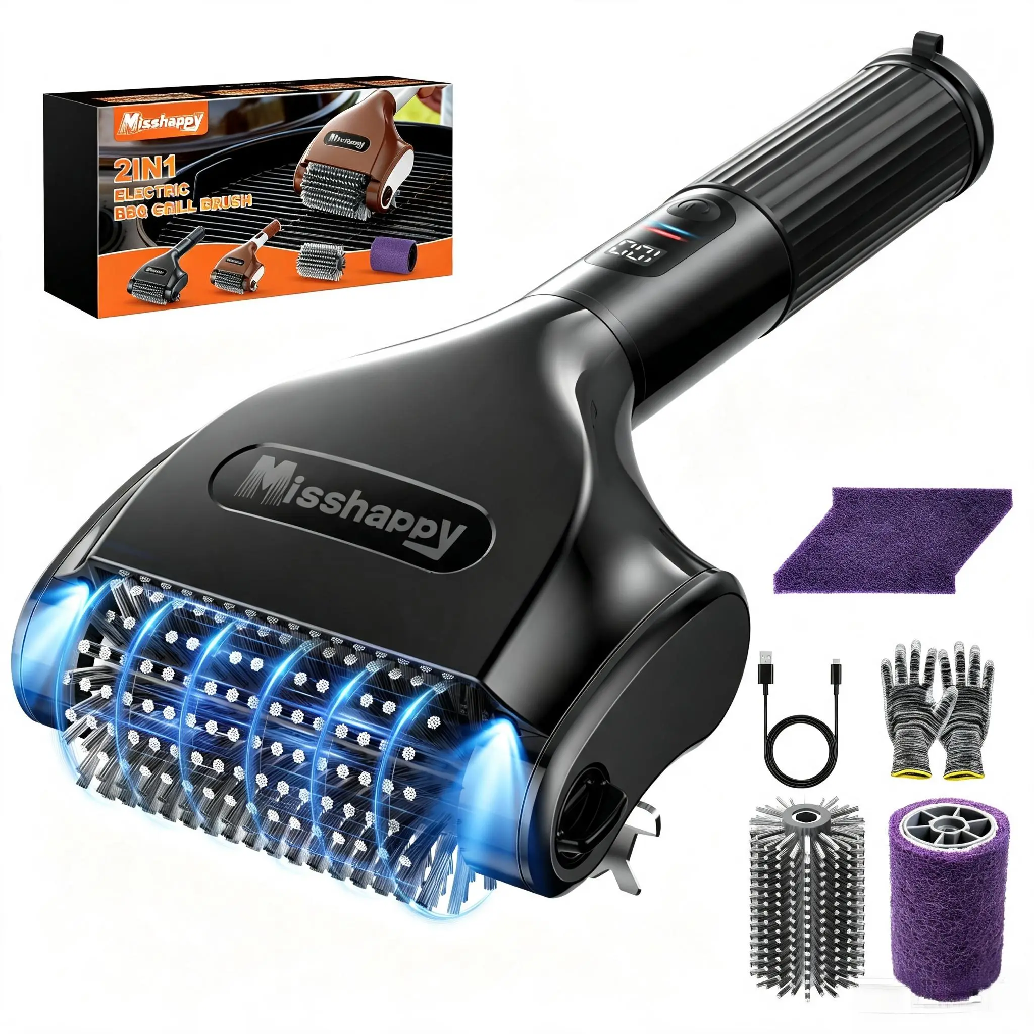 Mishhappy Cordless Electric Grill Brush, BBQ Grill Cleaner with LED Battery Display, Dual Replaceable Brush Heads, 800RPM Dual-Speed Motor, 4000mAh Rechargeable Battery, 304 Stainless Steel Bristles, Outdoor Grill Cleaning Tool for BBQ & Camping